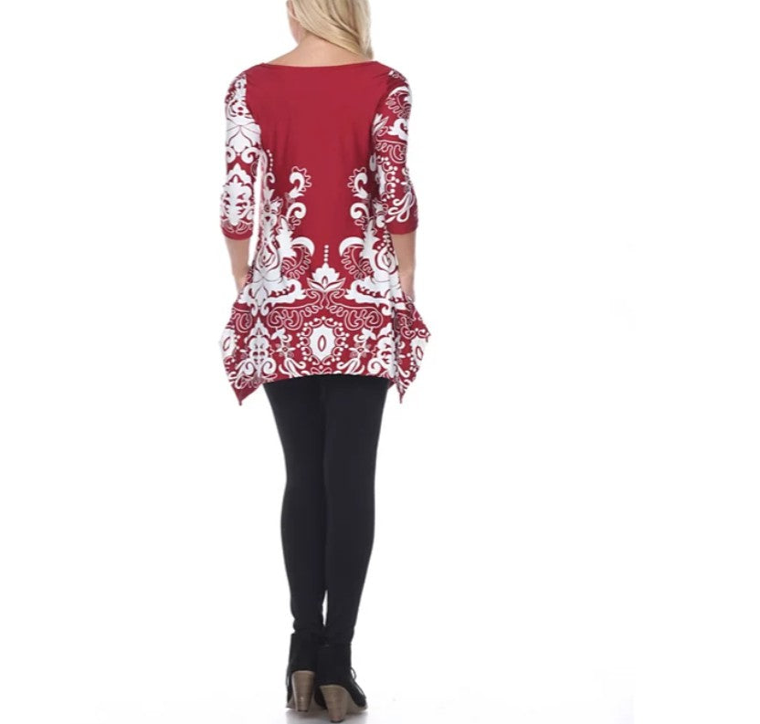 White Mark Women's 3/4 Sleeve Asymmetric Yanette Tunic Top Dark Red Size L