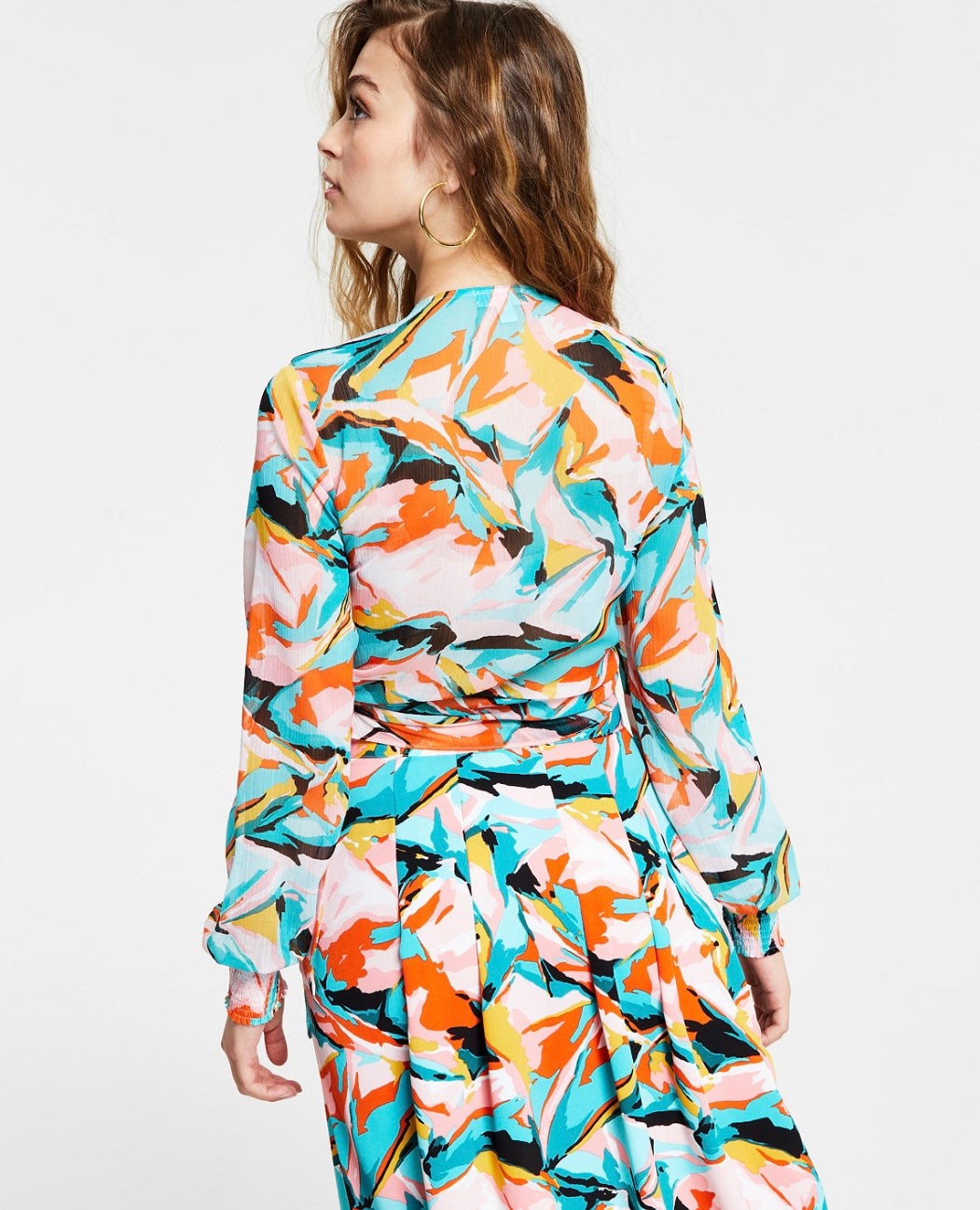 Bar III Women's V-Neck Printed Tie-Waist Wrap Blouse Bright Burst Size XL