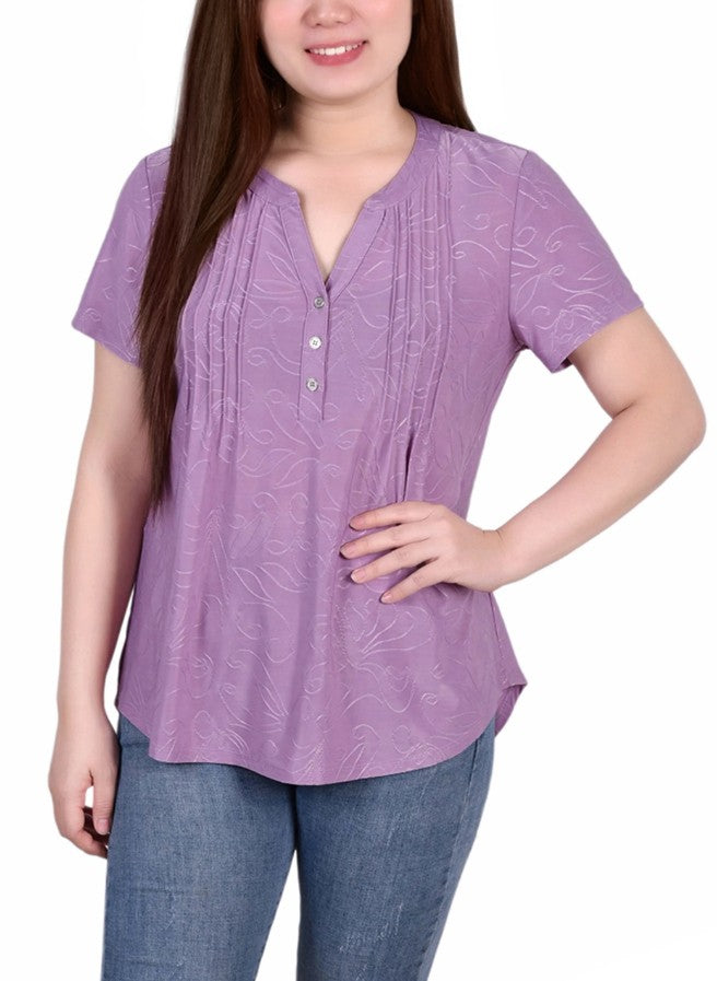 NY Collection Women's Short Sleeve Y Neck Jacquard Knit Top Lilac Size S