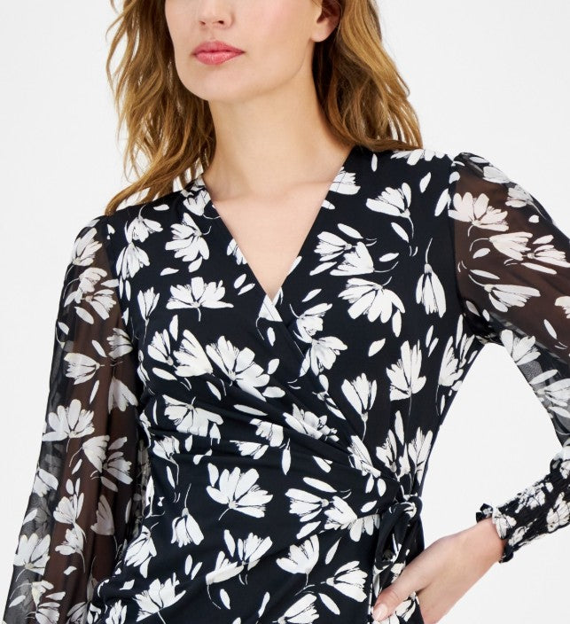 Anne Klein Women's Mixed Media Faux-Wrap Long-Sleeve Top Black White Size XL