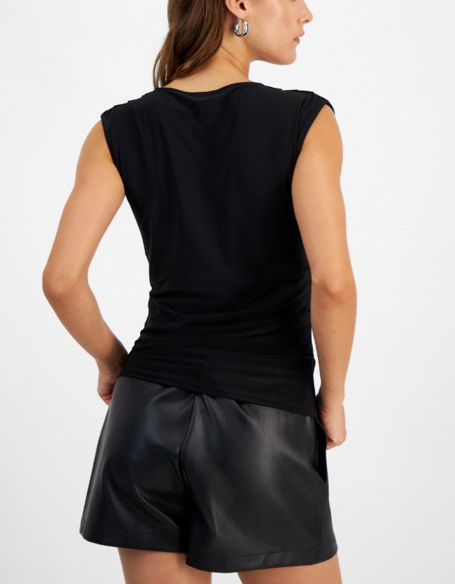 Bar III Women's Cap-Sleeve Cowlneck Top Deep Black Size L