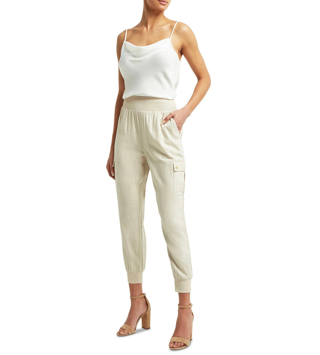 H Halston Women's Elastic Waist Pull-On Patch Pocket Jogger Pants Stone Size XL