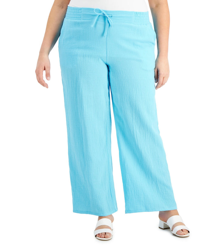 JM Collection Women's Plus Size Pockets Gauze Drawstring Pants Seafoam Blue
