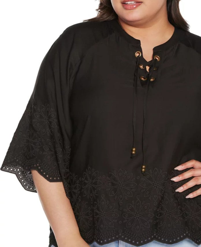 Belldini Women's Black Label Raglan 3/4-Sleeve Embroidered Top Plus Size 2X