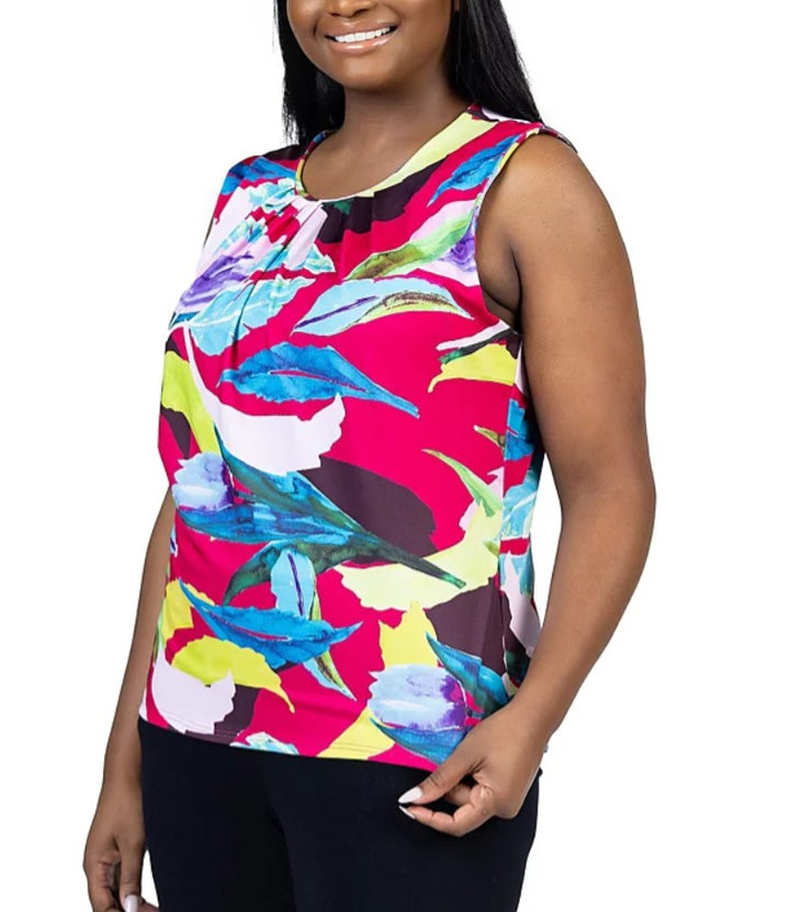 24Seven Comfort Apparel Women's Pleated Crew Neck Sleeveless Top Plus Size 2X