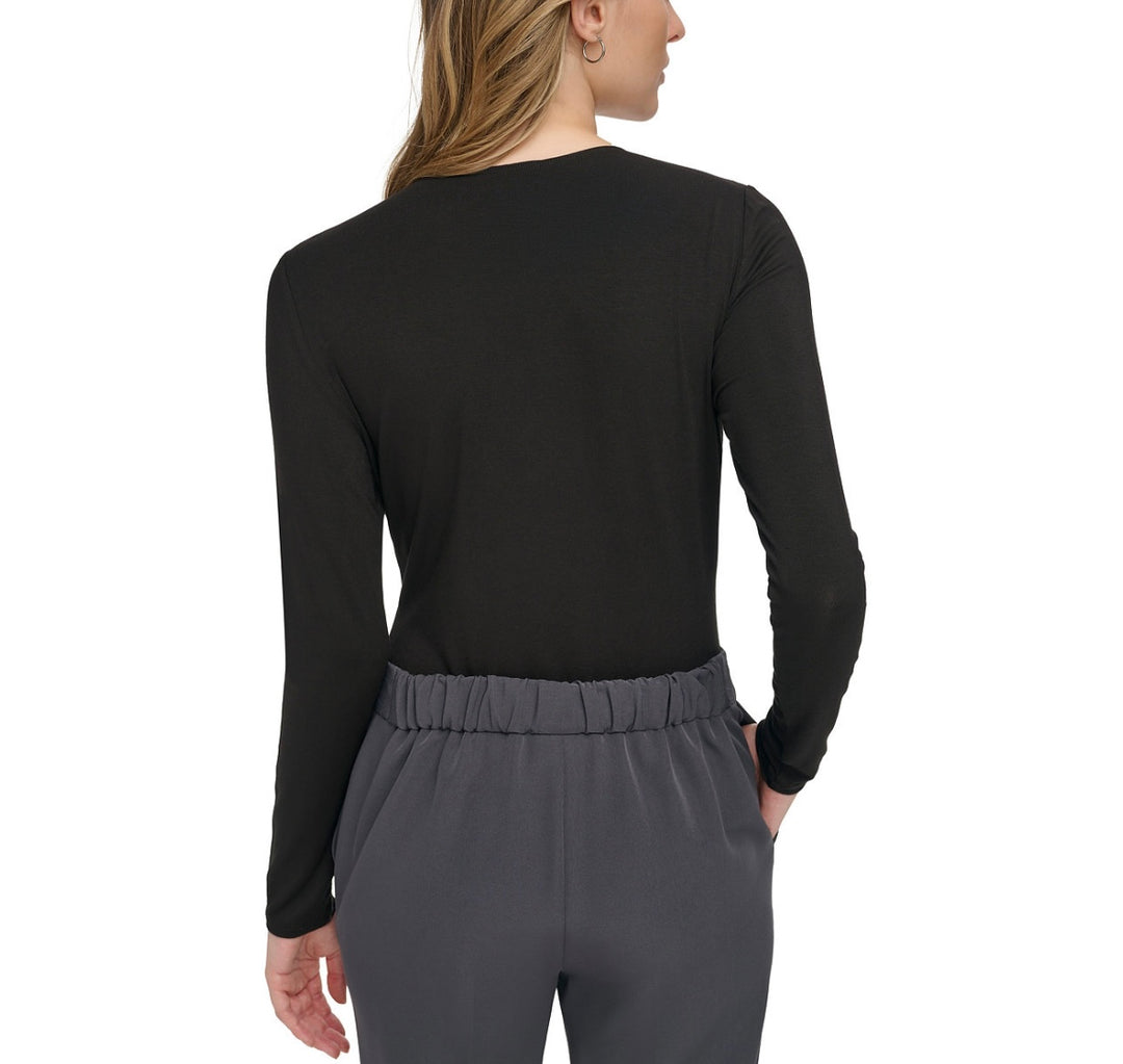 Calvin Klein Women's Long-Sleeve Plunge-Neck Bodysuit Black Size XL
