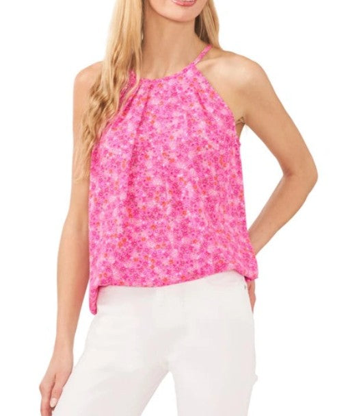 CeCe Women's Sleeveless Pleated Floral-Print Halter Top Pink Size XL