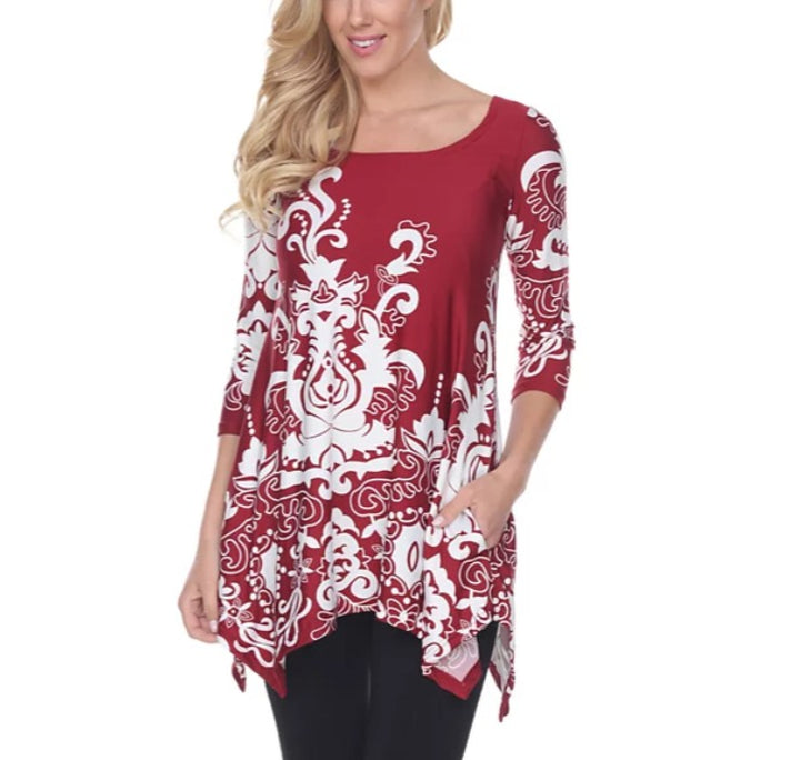 White Mark Women's 3/4 Sleeve Asymmetric Yanette Tunic Top Dark Red Size L