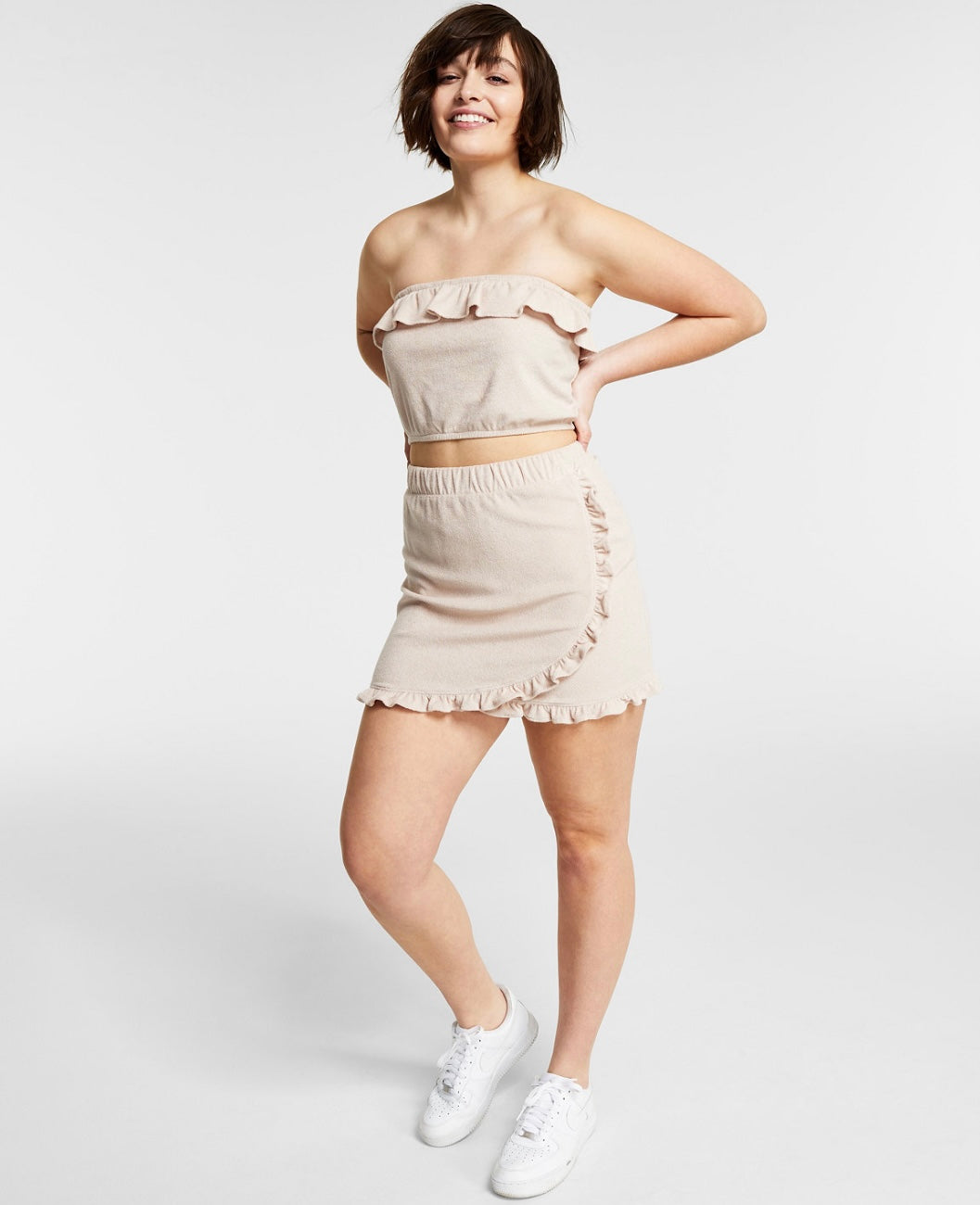 Bar III Women's Crossover Detail Pull-On Terry Cloth Skirt Naturally Nude Size L