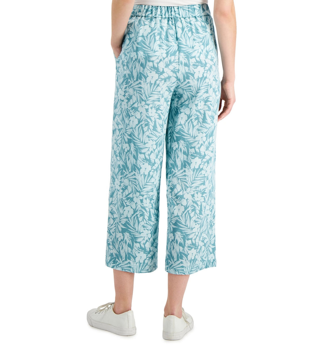 Charter Club Women's Elastic Waits Floral Cropped Wide-Leg Pants Teal Combo