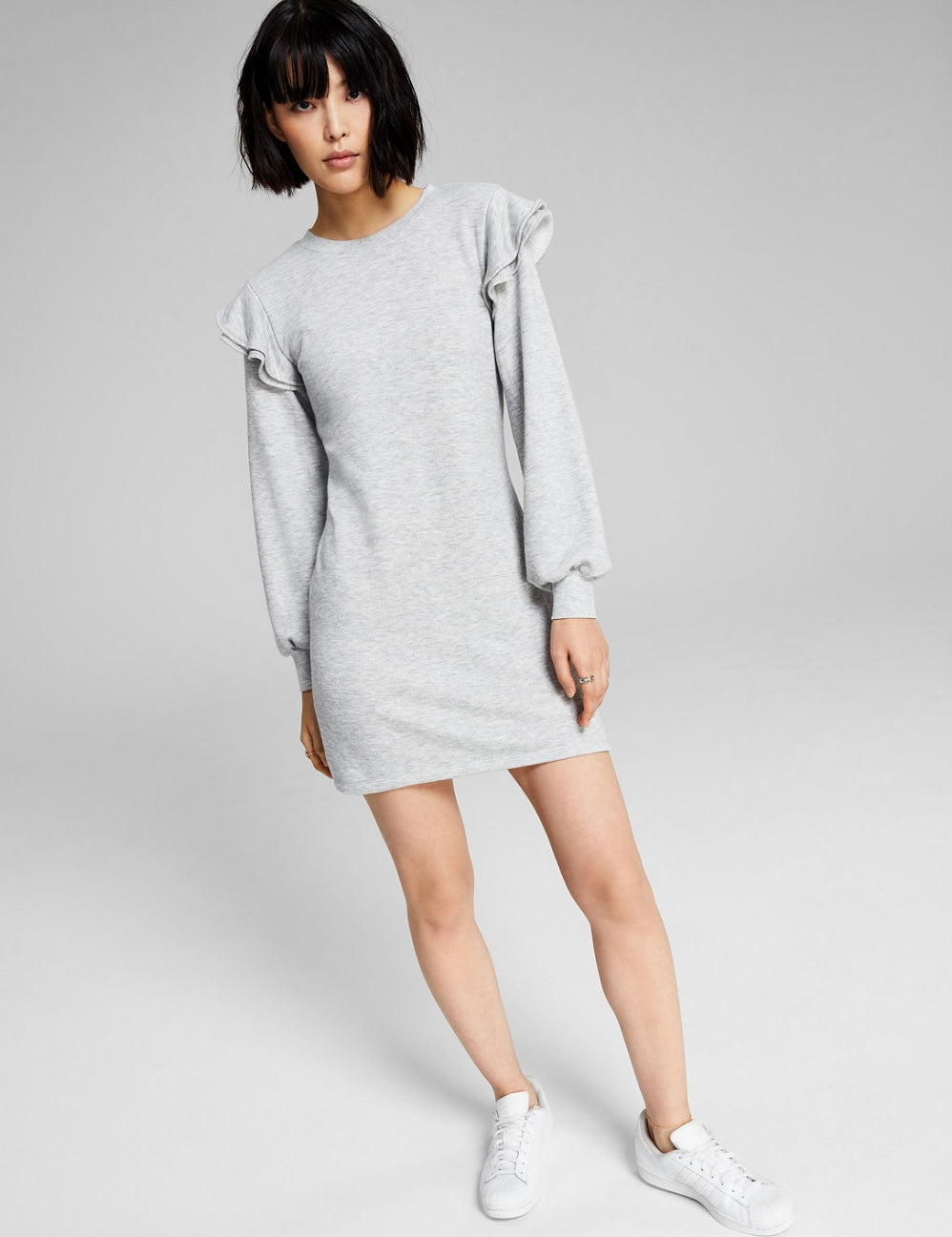 And Now This Women's Long Sleeve Ruffled Sweatshirt Dress Heather Grey Size S