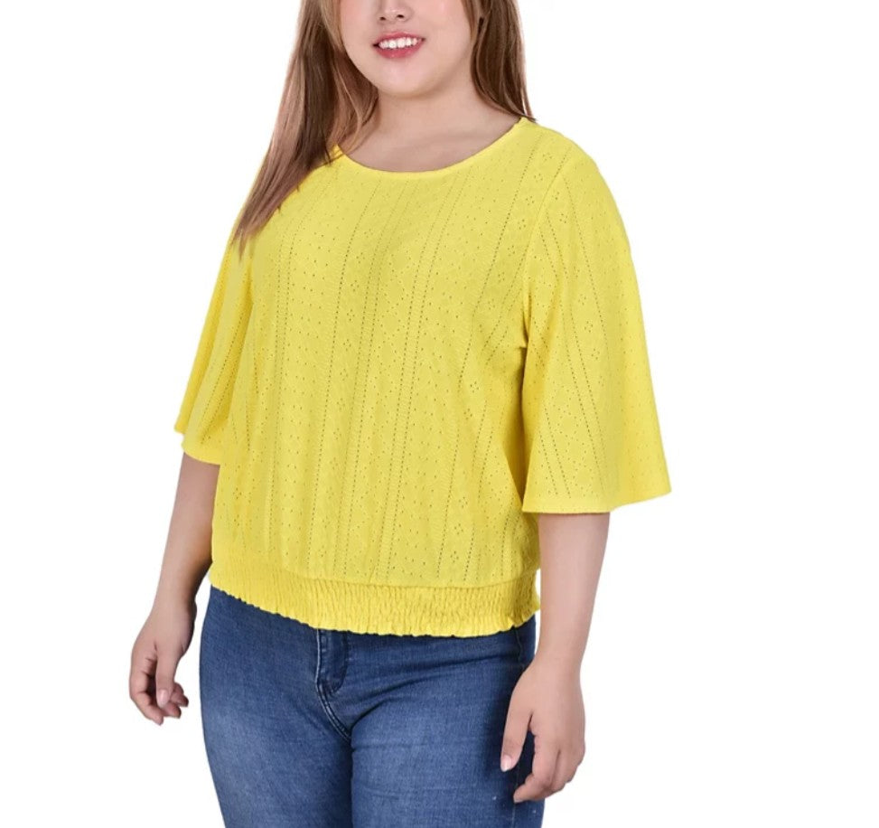NY Collection Women's Smocked Hem Knit Eyelet Top Vibrant Yellow Size XL