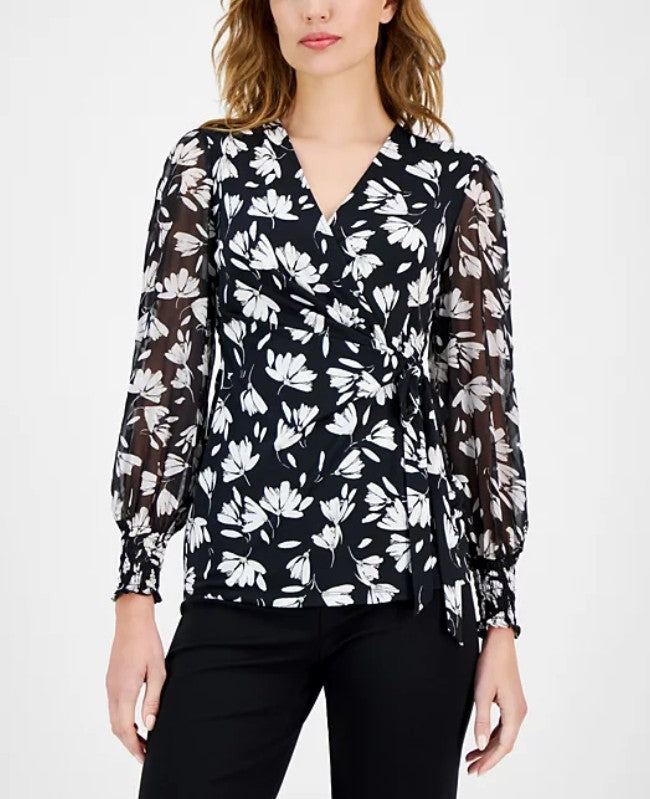 Anne Klein Women's Mixed Media Faux-Wrap Long-Sleeve Top Black White Size XL