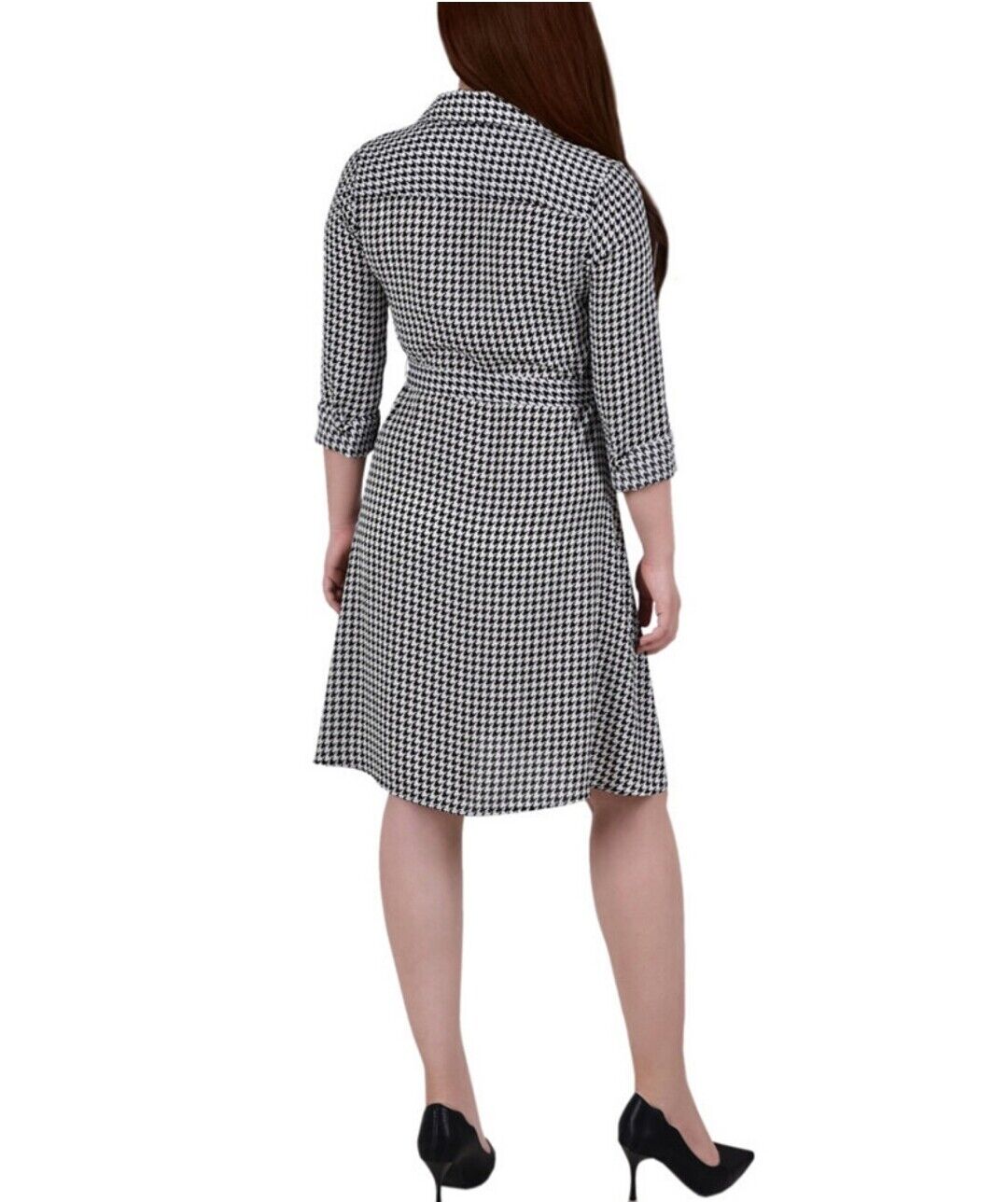 NY Collection Women's Long Sleeve Belted Shirtdress Black/White Petite Size PM