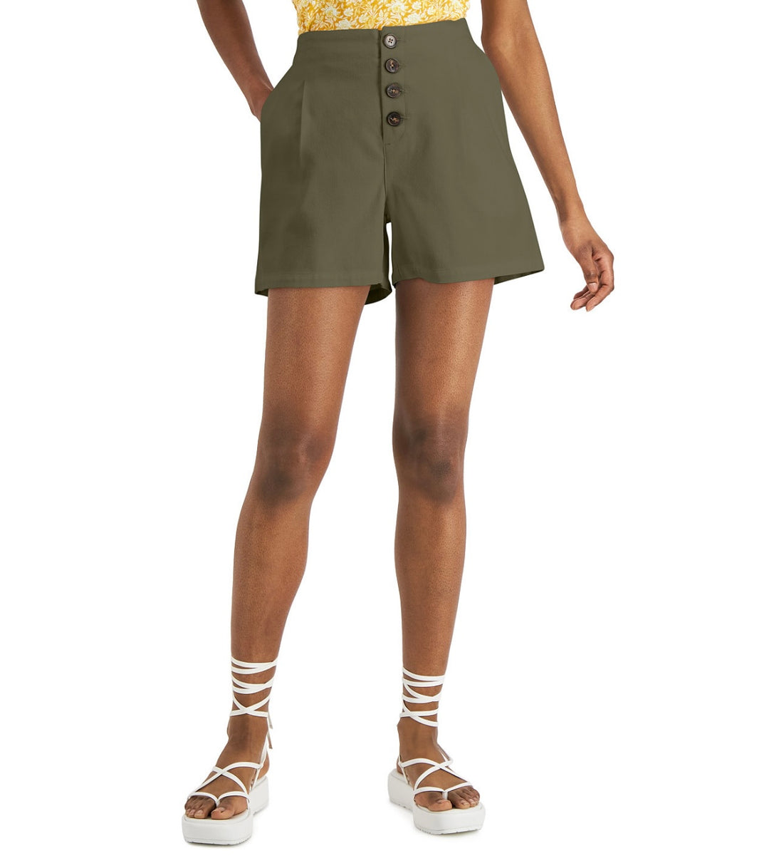 INC International Concepts Women's High Rise Button Fly Shorts Olive Size XL