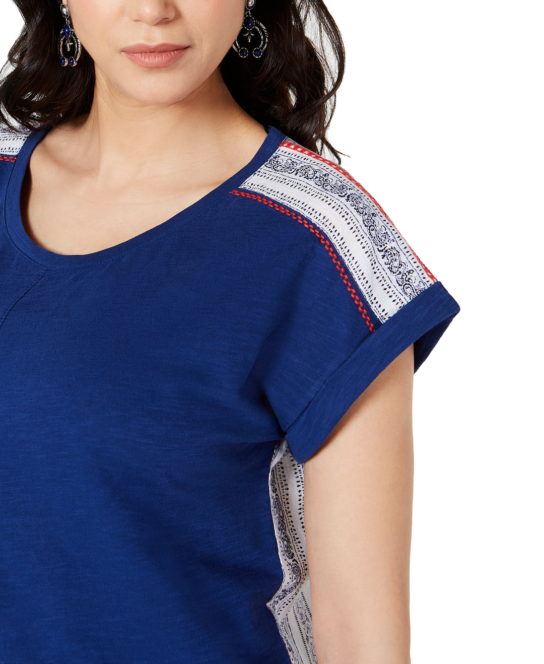 Style & Co Women's Mixed Media Scoop-Neck Top Americana Stripe Size L