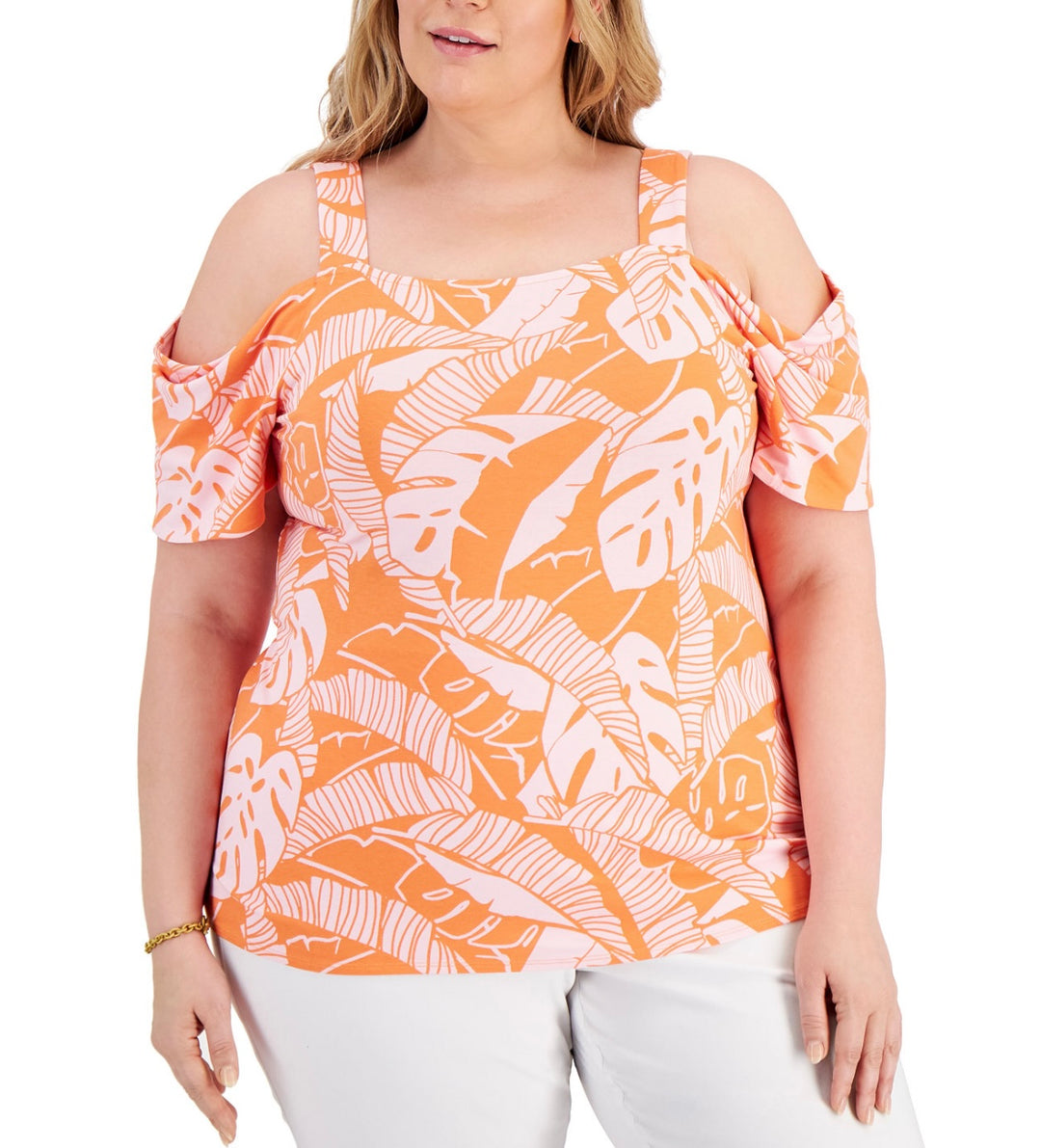 JM Collection Plus Size Printed Cold-Shoulder Top Clementine Orange Comb Size 2X