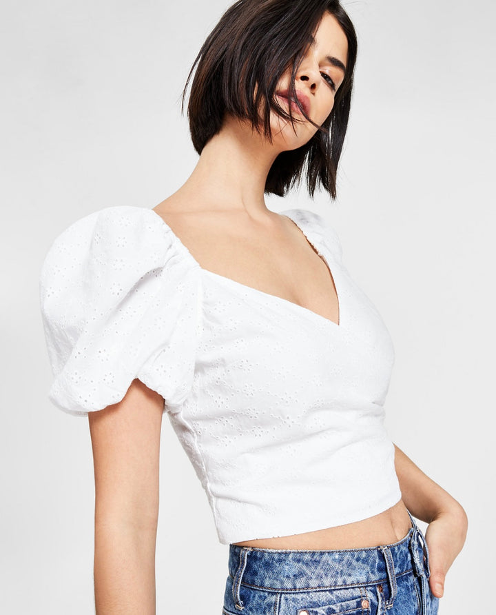 Bar III Women's Sweetheart Neckline Puff Sleeves Eyelet Wrap Top Size 6