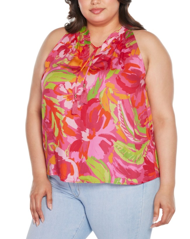 Belldini Women's Abstract Floral Tie-Neck Sleeveless Top Plus Size 2X