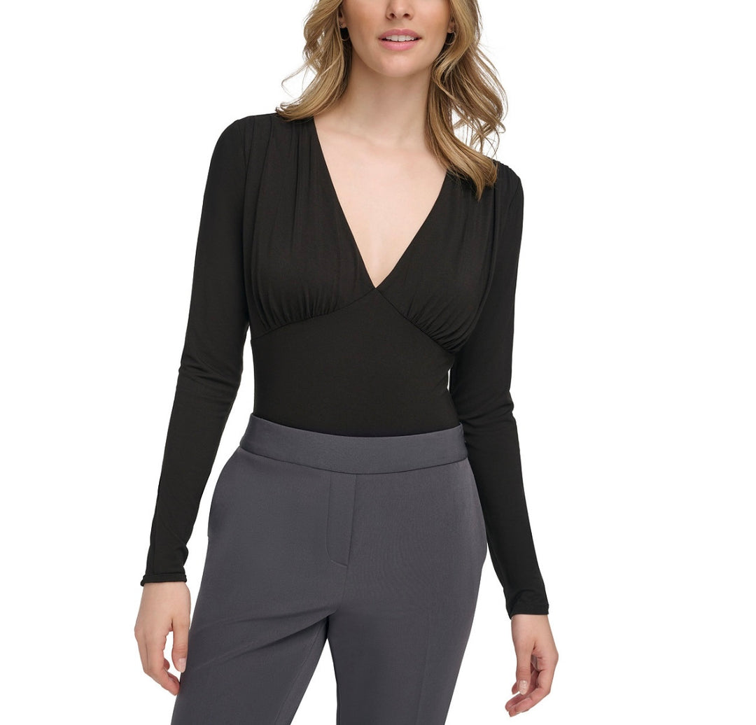 Calvin Klein Women's Long-Sleeve Plunge-Neck Bodysuit Black Size XL
