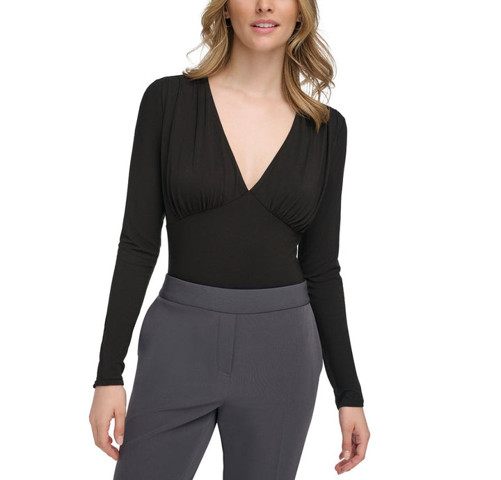 Calvin Klein Women's Long-Sleeve Plunge-Neck Bodysuit Black Size XL