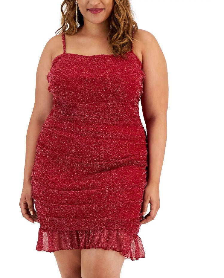 City Studio Women's Trendy Ruched Metallic Mesh Mini Dress Wine Silver