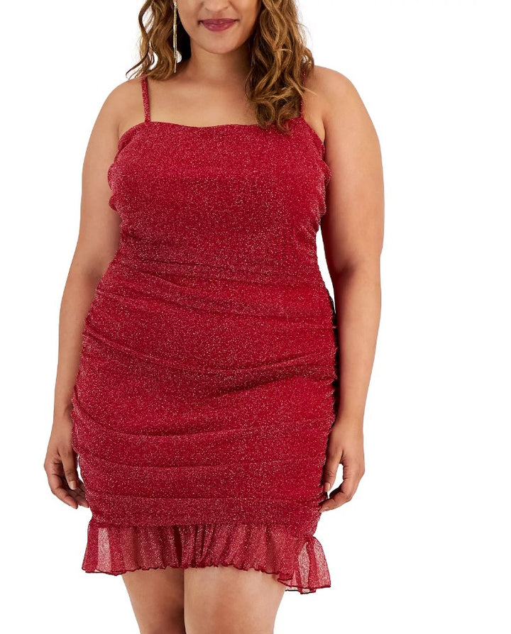 City Studio Women's Trendy Ruched Metallic Mesh Mini Dress Wine Silver