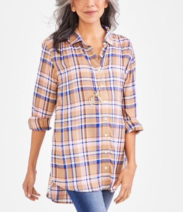 Style & Co. Women's Payton Plaid Long-Sleeve Boyfriend Tunic Top Plaid Golden