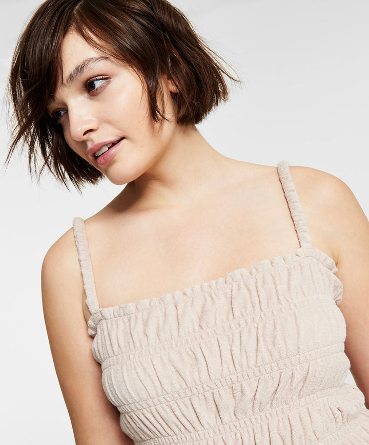 Bar III Women's Square Neckline Terry Ruffled Smocked Top Naturally Nude Size L