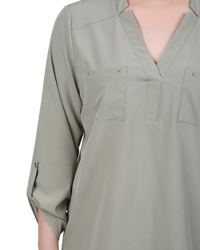 NY Collection Roll Tab Sleeve Blouse with Pockets Tea Petite Size PM