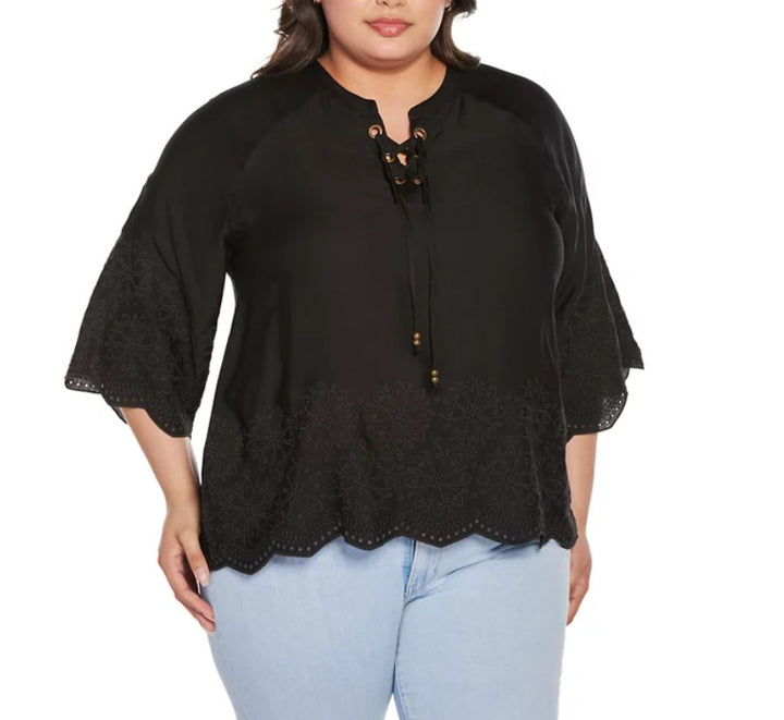 Belldini Women's Black Label Raglan 3/4-Sleeve Embroidered Top Plus Size 2X