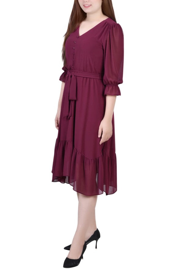 NY Collection Women's 3/4 Sleeve V-Neck Flounced Dress Wine Size S