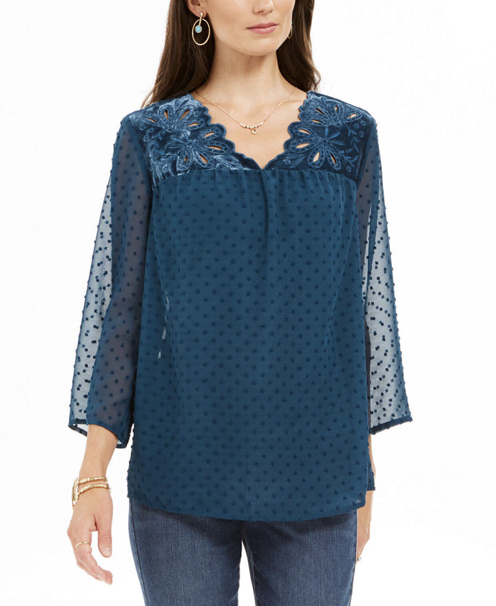 Style & Co Women's Mixed-Media Sheer-Sleeve Blouse Eyelet Kale Green Size S - L