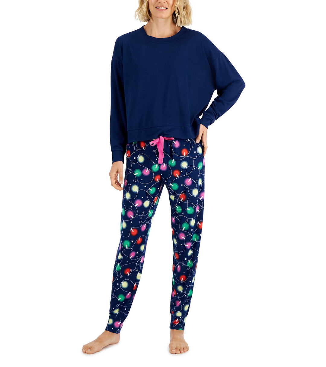 Jenni Women's Long Sleeve Mix It Pajama Set Navy Xmas Light