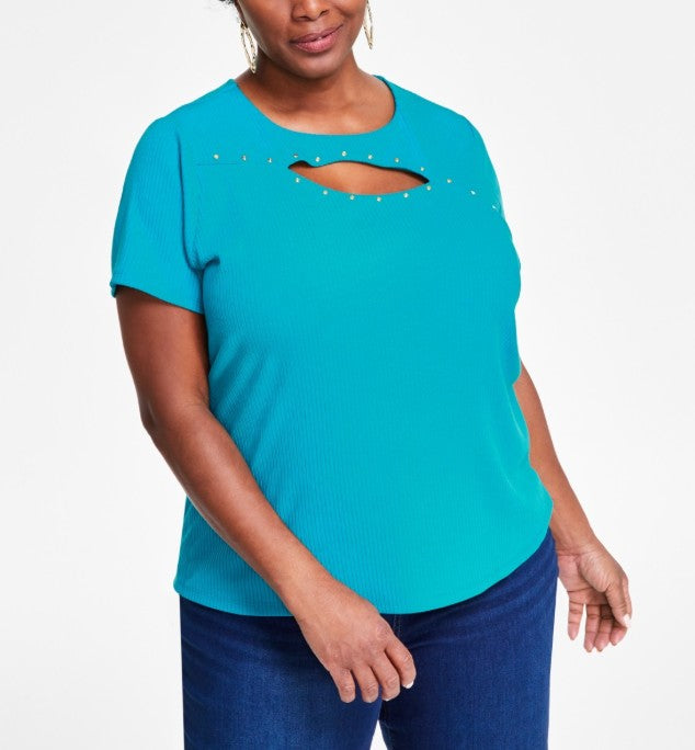 INC International Concepts Women's Studded Cutout Top Fresco Blue Plus Size 1X
