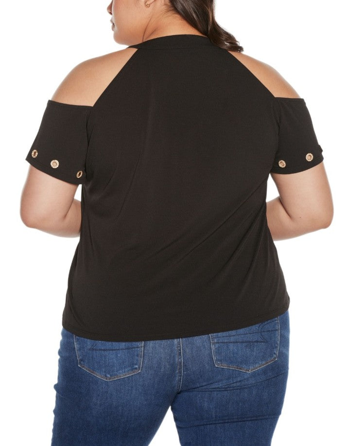 Belldini Women's Black Label Cold-Shoulder Grommet Trim Knit Top Plus Size 2X