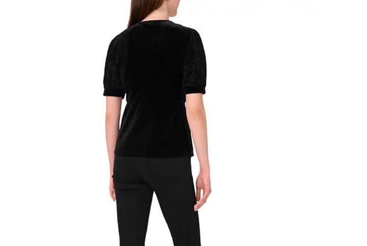 Sam & Jess Women's Velvet Faux-Wrap Flocked-Sleeve Top Black Size L