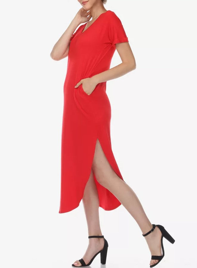 White Mark Women's Short Sleeve V-Neck Maxi Dress Red Plus Size 1XL