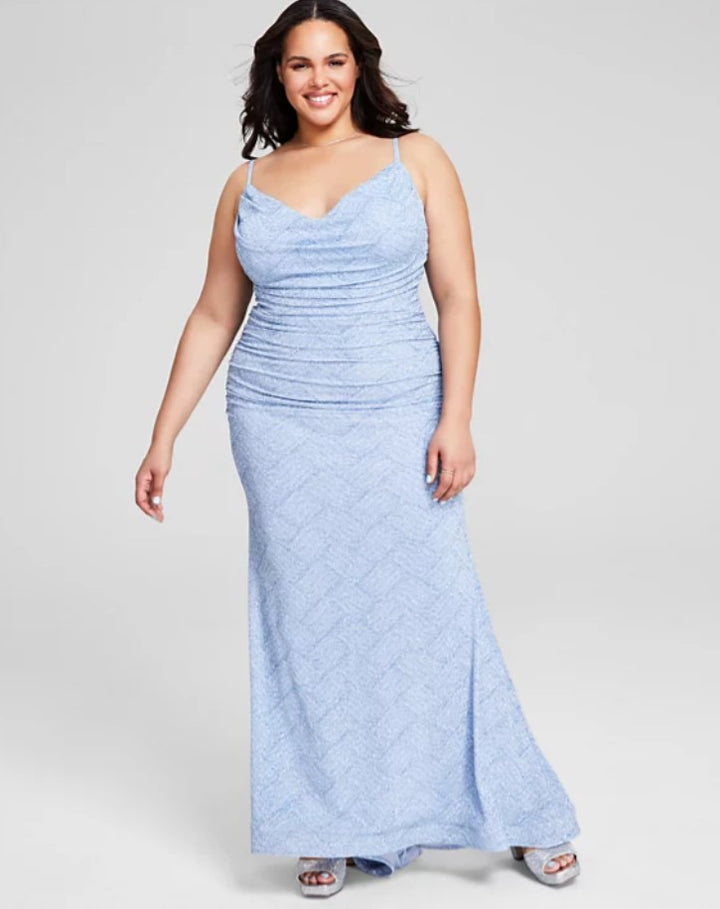 B Darlin Women's Trendy Glitter-Knit Ruched Gown Dress Light Blue