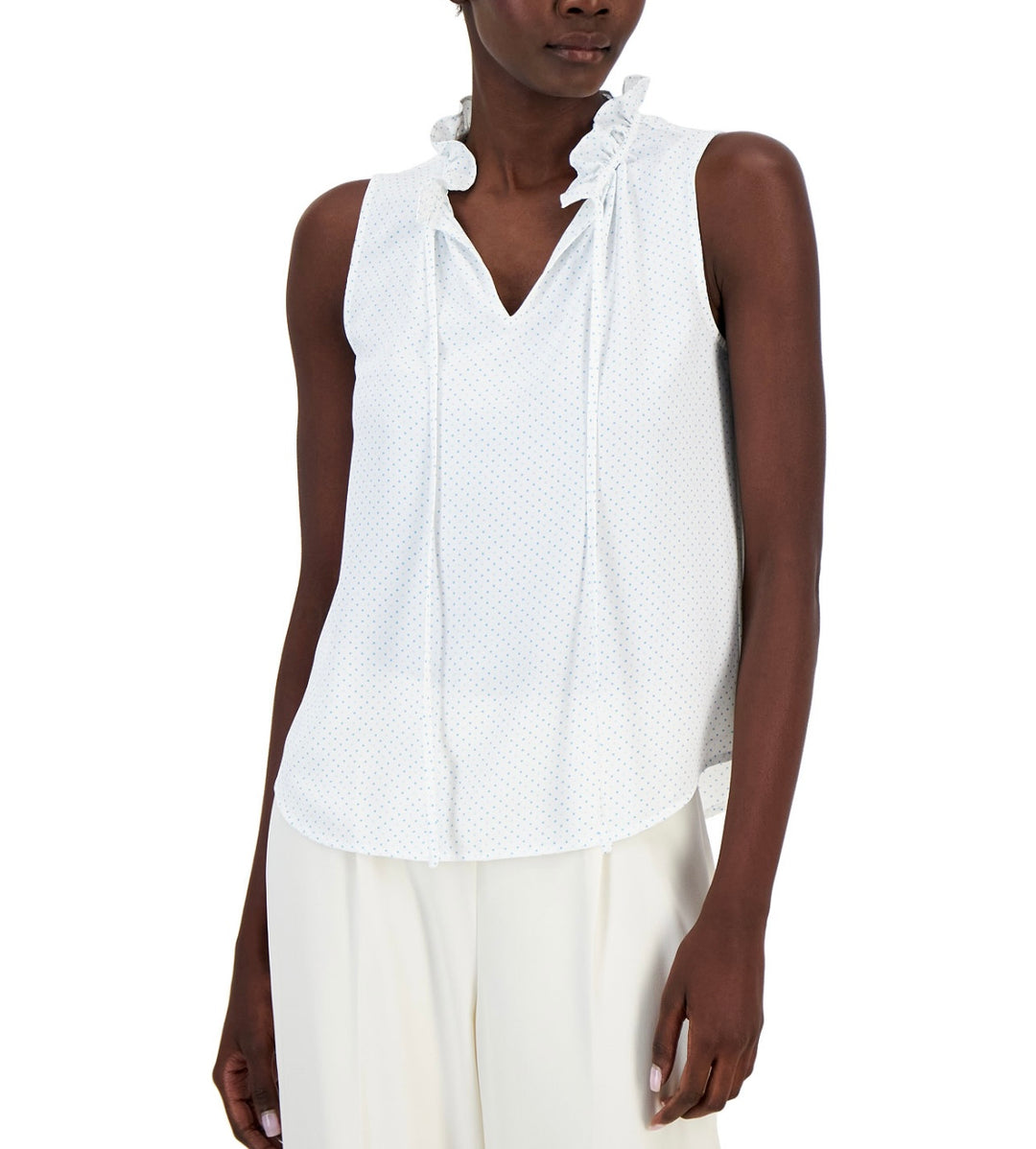 Anne Klein Women's Flat Satin Ruffle Mock Tie Neck Sleeveless Blouse Size L