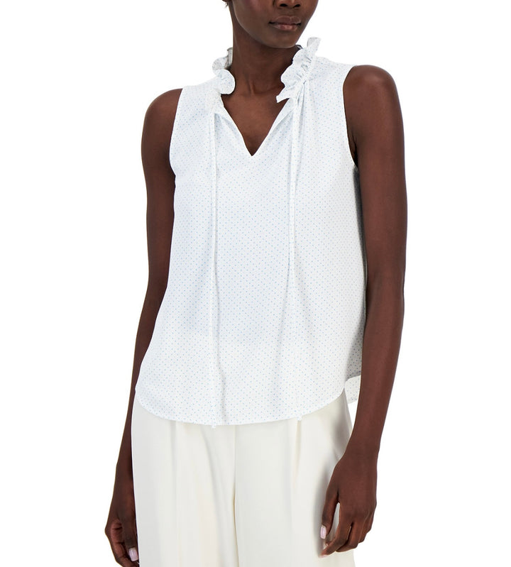 Anne Klein Women's Flat Satin Ruffle Mock Tie Neck Sleeveless Blouse Size L