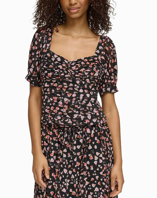 Karl Lagerfeld Paris Women's Ruched Cropped Floral Top Black Size L
