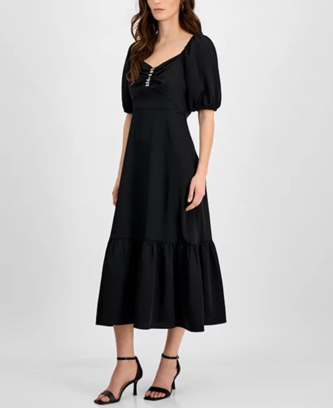 Anne Klein Women's Rhinestone Puff-Sleeve Midi Dress Black Size 12