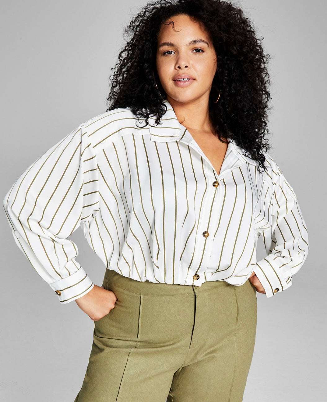 And Now This Women's Trendy Cropped Woven Shirt Olive White Plus Size 1X