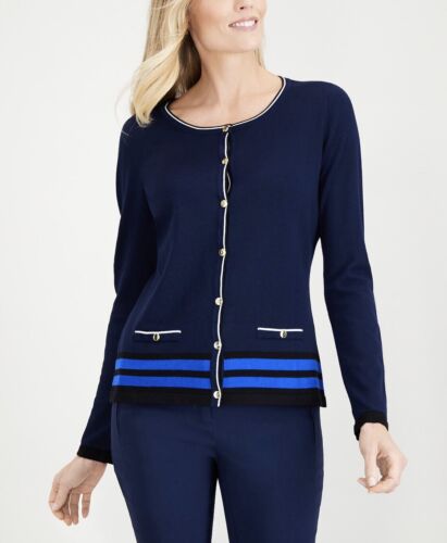 Karen Scott Women's Intrepid Blue Crew Neck Cardigan Contrast Trim Top Size PM