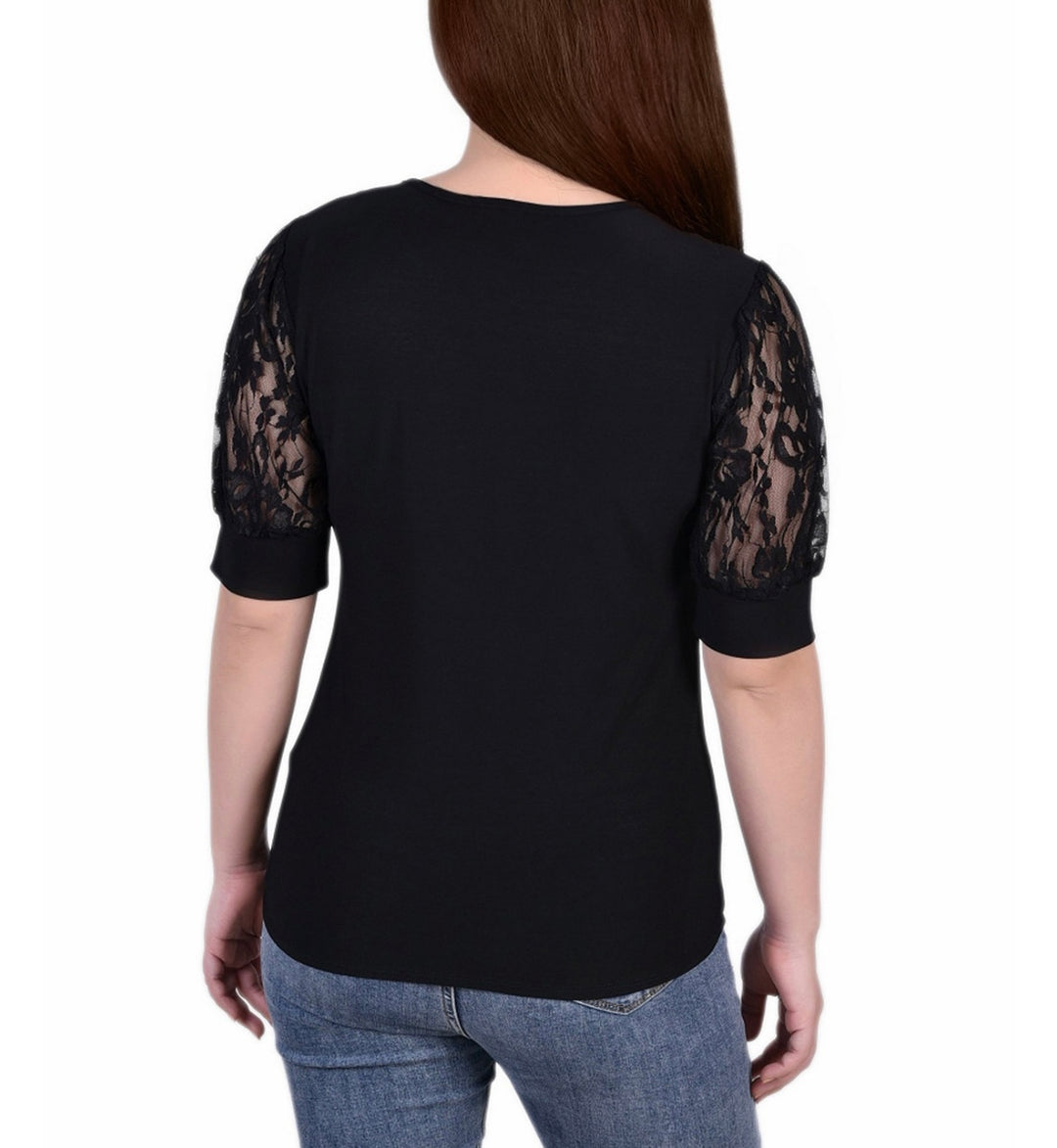 NY Collection Women's Puff Sleeve Lace Top Black Petite Size PXL