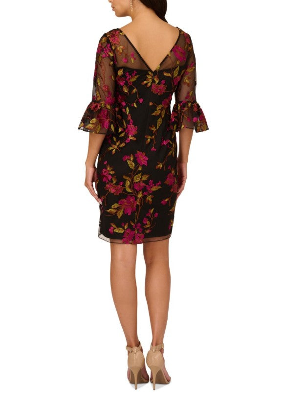 Adrianna Papell Women's Floral Embroidered Flare-Sleeve Sheath Dress Size 2