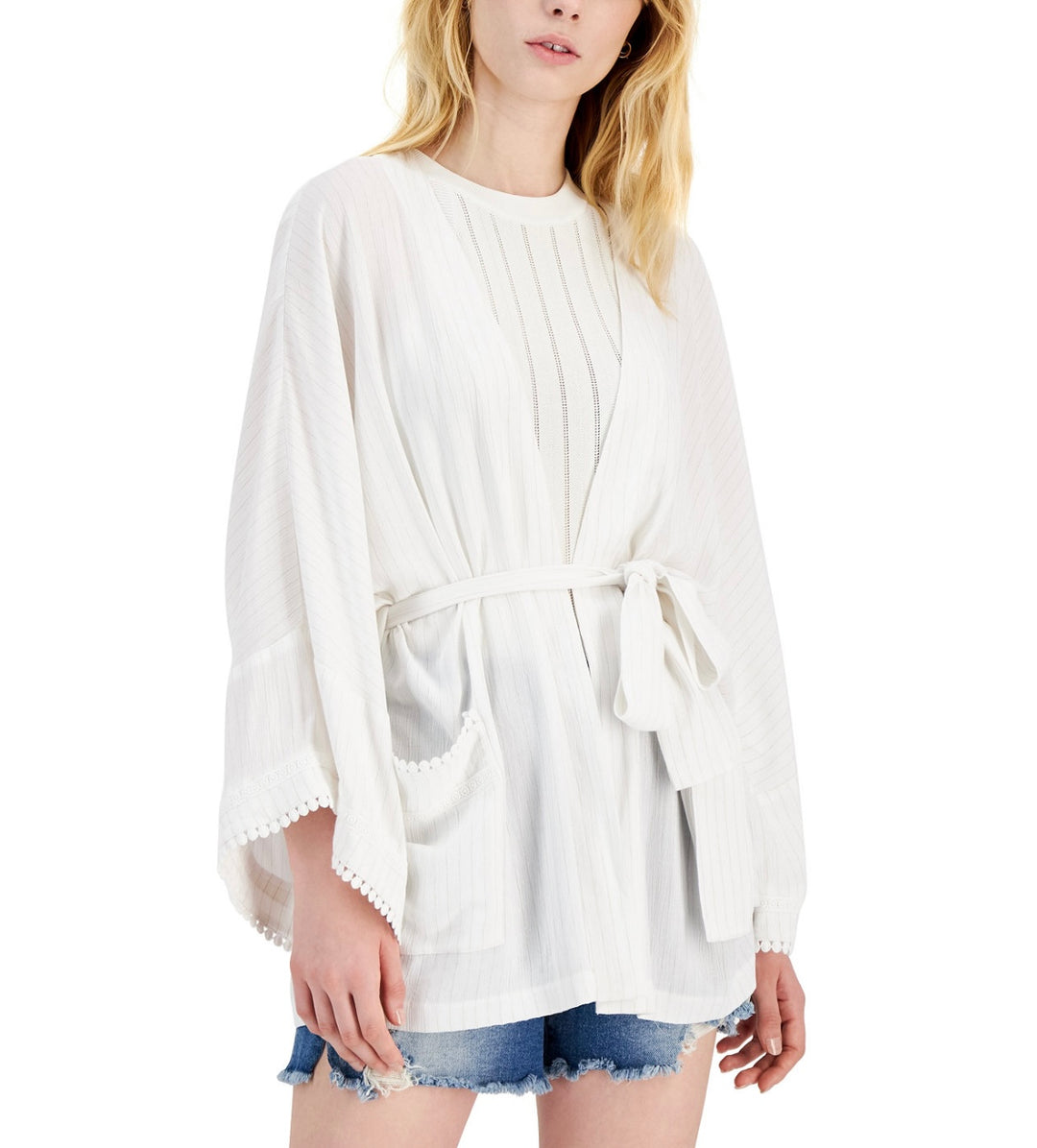 INC International Concepts Women's Metallic Crinkle Gauze Tie Waist Top
