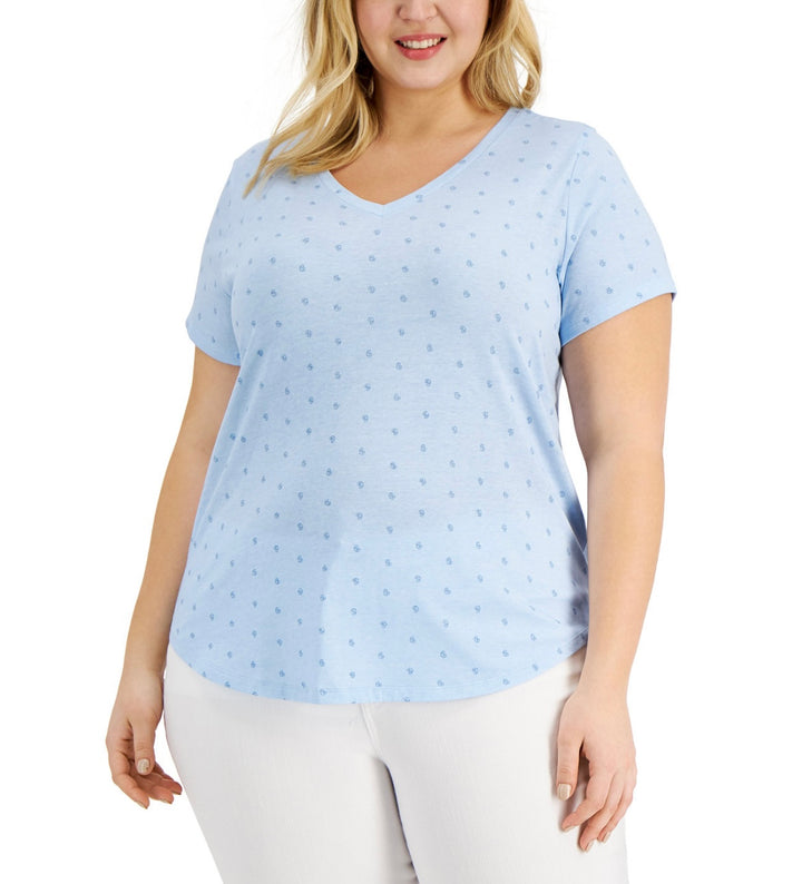 Style & Co. Women's Short Sleeve Printed Burnout V-Neck Top Micro Paisley