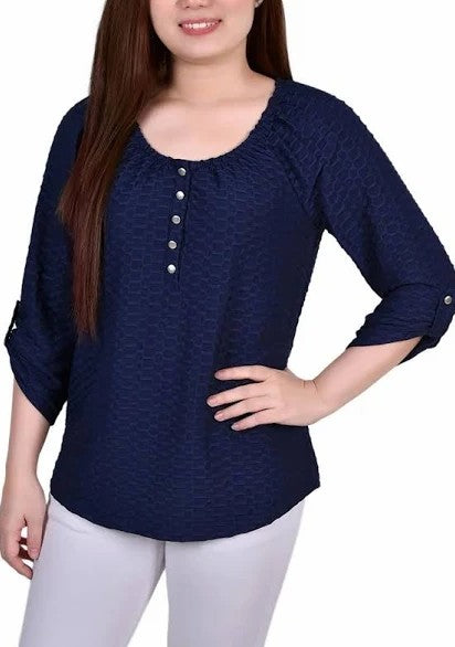 NY Collection Women's 3/4 Sleeve Blouse Dark Blue Petites Size PL